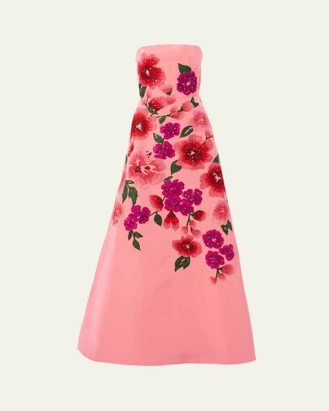 Sequined Floral Embroidered Strapless Gown